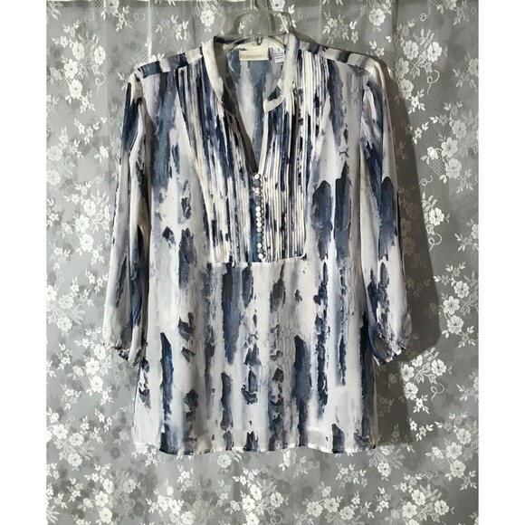Chico's Blue & White Blouse Plus Size 1X Office Boho 3/4 Sleeve Feminine Top - Picture 1 of 3